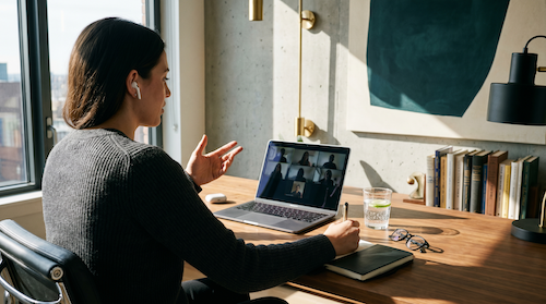 Frau am Walnut-Schreibtisch im Spätnachmittagslicht beim Notieren im Video-Call mit AirPods — Calm & Clarity Call
