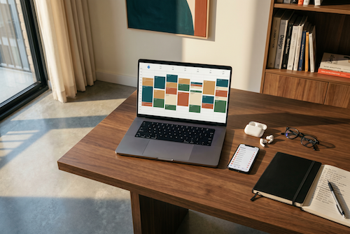 Voller Wochenkalender am Laptop, Smartphone mit vielen Benachrichtigungen, Notizbuch — Mental Load visualisiert