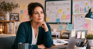 Frau am Schreibtisch mit Kalender und Notizen - Mental Load Definition
