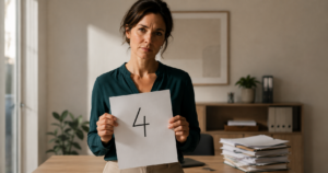 Frau mit Notizbuch und Skala 4 - Perfektionismus auf Skala 0 bis 10