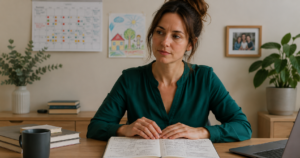 Frau am Schreibtisch mit Notizbuch und Familien-Symbolen - Mental Load Pillar