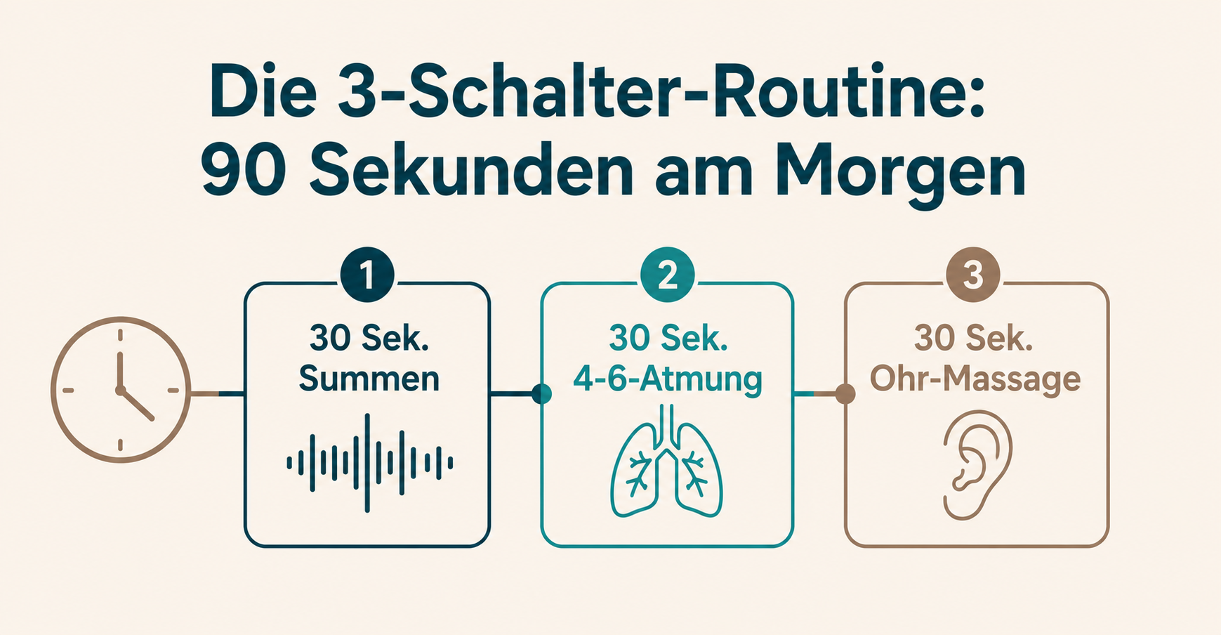 3-Schalter-Routine: 90 Sekunden am Morgen - 30 Sekunden Summen, 30 Sekunden 4-6-Atmung, 30 Sekunden Ohr-Massage