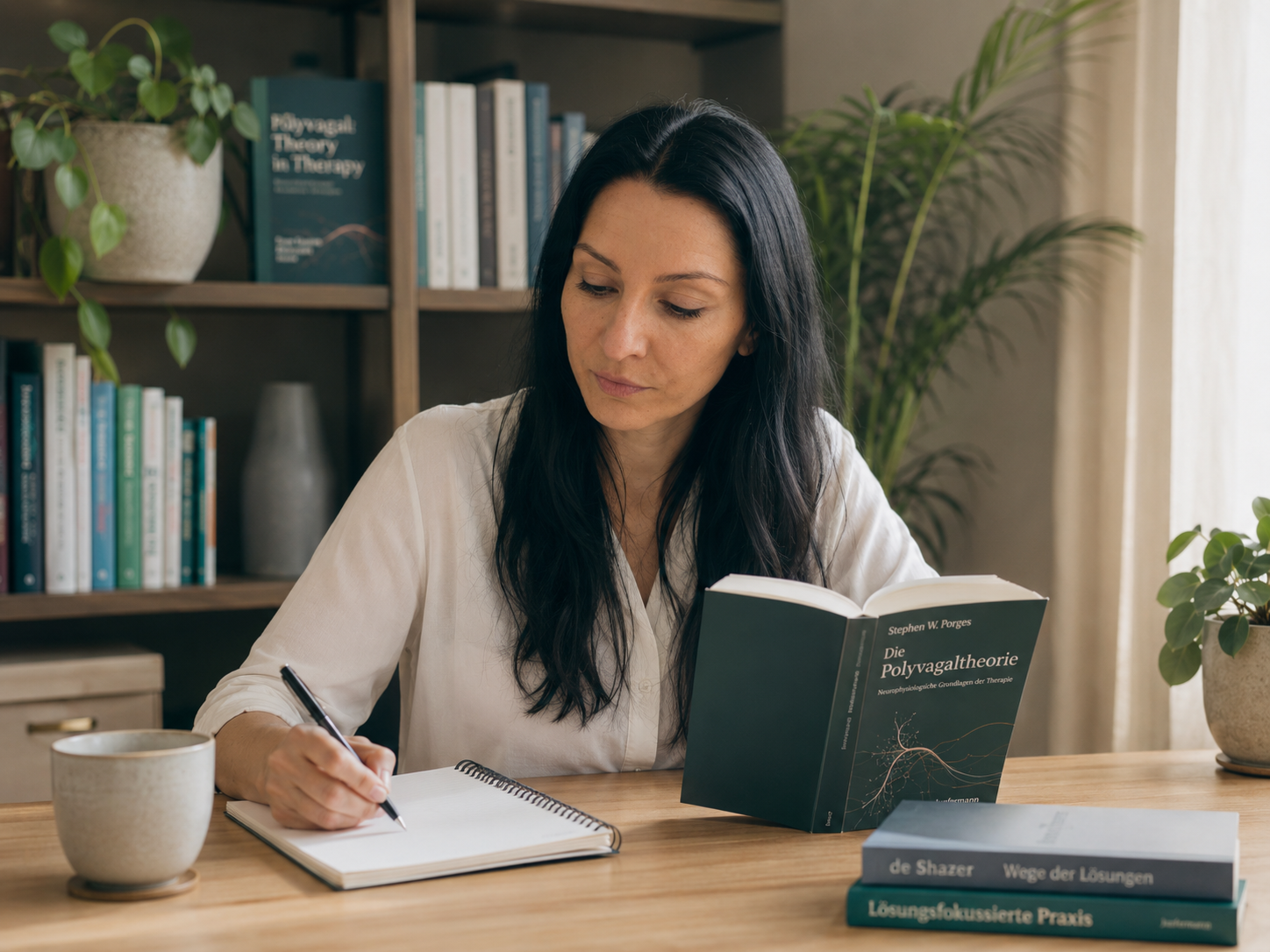 Astrids Methodik für Burnout-Prävention - drei Bausteine Astrid Dietrich, Heilpraktikerin Psychotherapie, in ihrer Praxis bei der Arbeit mit Burnout-Prävention für Führungsfrauen