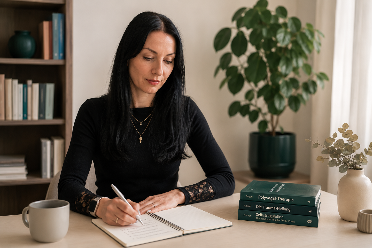 Astrid Dietrich am Schreibtisch in Praxis-Atmosphäre, Heilpraktikerin Psychotherapie